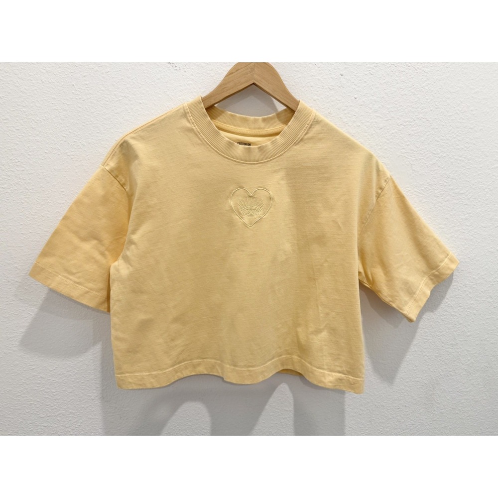 COTTON ON Crop Graphic Tee Heart Eye Yellow Crew Neck Midriff Top T-Shirt XS